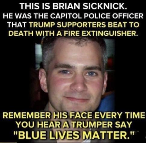 This is Brian Sicknick. He was the Capitol Police officer that Trump supporters beat to death with a fire extinguisher.  

Remember his face every time  you hear a Trumper say “blue lives matter.”