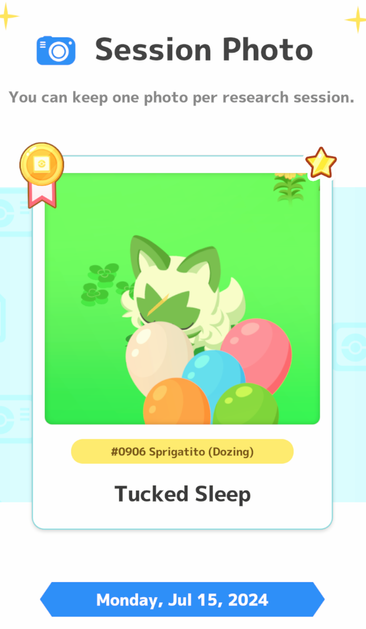 A screenshot from Pokemon Sleep of Sprigatito in the "tucked sleep" position except it's loafing is obscured by balloons placed for the event. A blade of grass is also floating past the middle of his face and looks like a kickass scar.