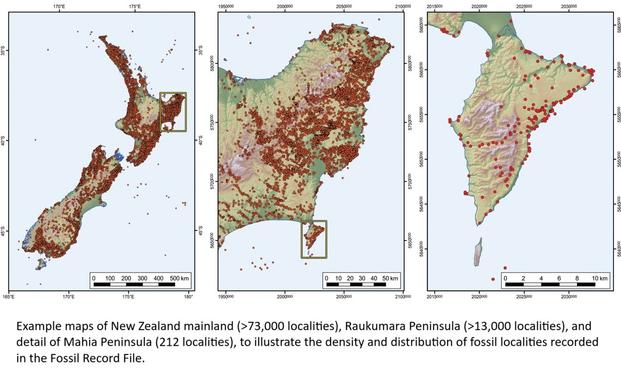 maps - Example maps of New Zealand mainland (>73,000 localities), Raukumara Peninsula (>13,000 localities), and detail of Mahia Peninsula (212 localities), to illustrate the density and distribution of fossil localities recorded in the Fossil Record File.