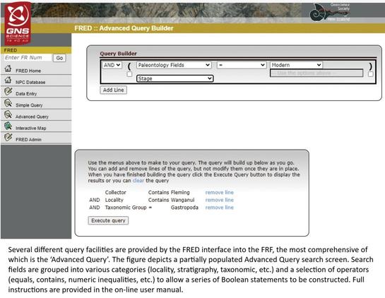 screen shot - Several different query facilities are provided by the FRED interface into the FRF, the most comprehensive of which is the ‘Advanced Query’. The figure depicts a partially populated Advanced Query search screen. Search fields are grouped into various categories (locality, stratigraphy, taxonomic, etc.) and a selection of operators (equals, contains, numeric inequalities, etc.) to allow a series of Boolean statements to be constructed. Full instructions are provided in the on-line user manual.
