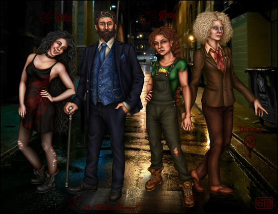 Digital art of four vampire characters in the middle of darkened London street at night. From left to right; Mila, a pale young woman with long dark hair to he thigh, wearing a black and red dress and combat boots. Bertram Davenport, an older man in a dark blue suit, holding a cane and with a large beard and streaks of grey in the front of his dark short hair. Gwen, a slightly tan young woman in dungarees and green t shirt and bloody boots, with long messy brown hair in a braid to her waist. Dizzy, a pale taller woman in a brown and red suit with fancy red ribbon tie, striking blue eyes and large frizzy blonde hair.