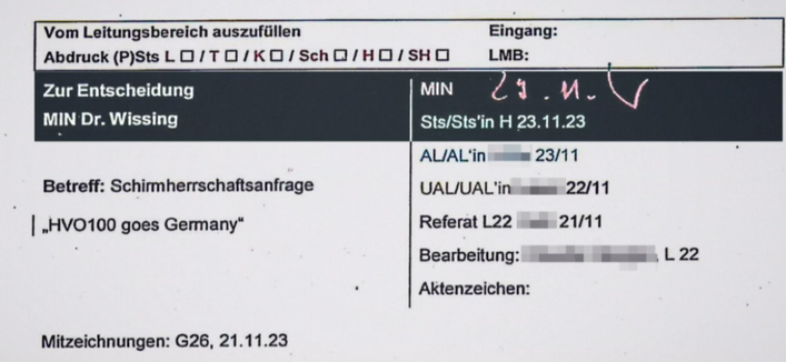 Briefkopf des zitierten internen Schreibens des BMDV: 

»Zur Entscheidung MIN Dr. Wissing
Betreff: Schirmherrschaftsanfrage "HVO100 goes Germany"«