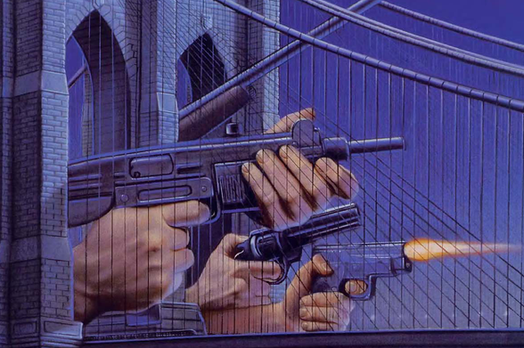 1994 Action-packed scene on a bridge with multiple characters firing guns.

"In the image, there are three characters positioned in such a way that they appear to be shooting towards each other.
Each character is holding a firearm and is actively engaged in shooting at others.
The setting appears to be a suspension bridge, which resembles the Brooklyn Bridge due to its distinctive shape and structure.
The scene suggests conflict or confrontation among the characters."
Tags: "Suspension bridge", "Firearms", "Action scene", "Multiple shooters", "Characters in conflict"