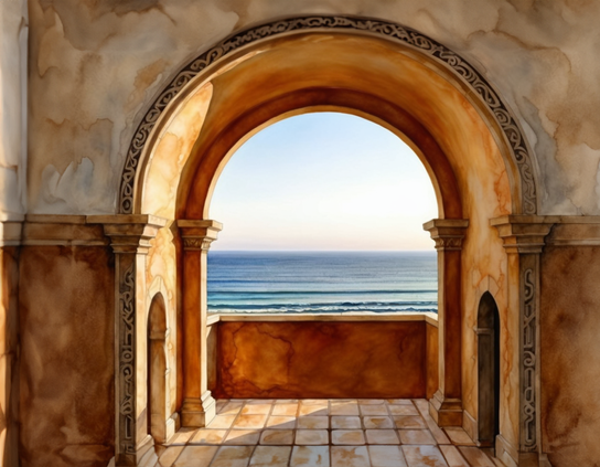 Ancient arched tower balcony with a high view of the ocean, framed by stone pillars in warm terracotta tones. Clear sky, afternoon light.