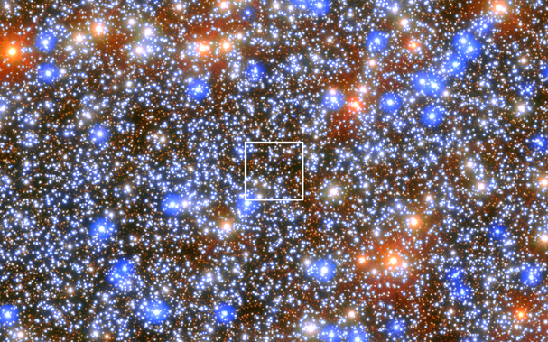 A dense star field of mostly smaller orange and white stars with blue stars and red stars peppered across the image