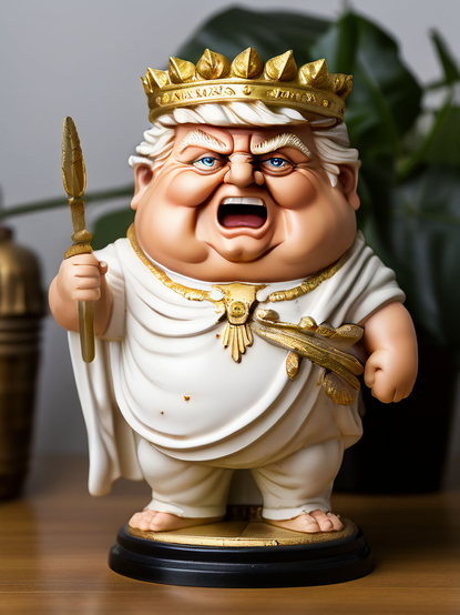 A caricature statuette of Donald Trump as a Roman Emperor, wearing a toga over white pyjama pants and a golden laurel wreath. He's shouting, as usual.