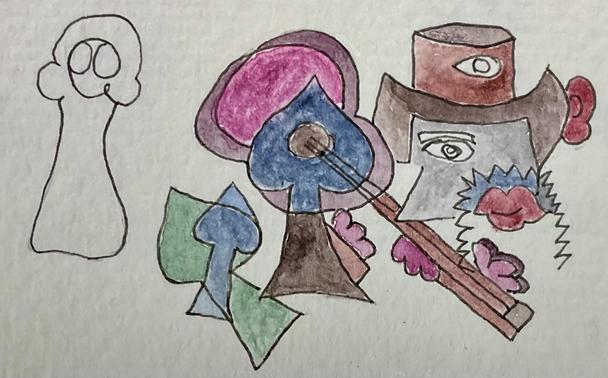 Abstract drawing with various shapes and colors, including a guitar-like shape, spades, and a figure in a top hat with one eye visible. A simple line drawing of a figure with large eyes is on the left.
