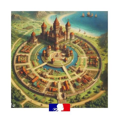 Dessin du ville médiévale en bord de mer avec des forteresses de forme circulaire.
Le logo de la république française (drapeau bleu blanc rouge avec Marianne dessinée sur la bande blance) est présent en bas du dessin.
