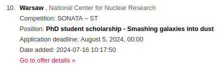 A screenshot of a job ad in the National Center for Nuclear Research in Warsaw, Poland. The position name says: "PhD student scholarship – Smashing galaxies into dust".