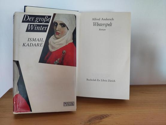 Zwei Bücher, auf deinem Holzbrett gegen die Wand gelehnt. Eines davon zeigt das Bild einer Frau im weissen Hijab und rotem traditionellen Kleid - auf dem Buchumschlag steht: "Der grosse Winter. Ismail Kadare. Malik." Dahinter steht halb verdeckt ein aufgeschlagenes Buch, die Titelseite mit der Aufschrift "Alfred Andersch. Winterspelt. Roman. Buchklub Ex Libris Zürich."