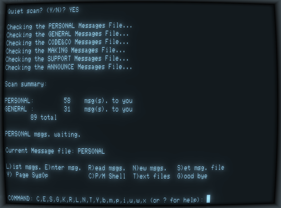 Screnshot of a terminal session demonstrating the new "Scan all message files? (Y/N)?" and "Quiet scan? (Y/N)?" prompts of RCBBS 1.2.1