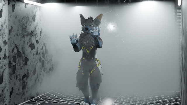 freakhound 3d anthro avatar, trapped behind a glass wall in a room