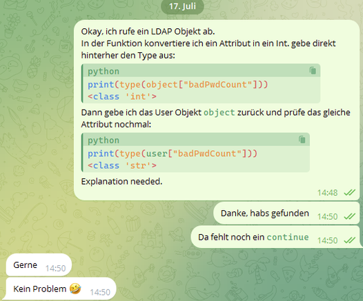 Screenshot eines Messengers mit einer Fehlerbeschreibung und kurz danach die selbst gefundene Lösung, die Person gegenüber sagt nur noch "Gerne, kein Problem".