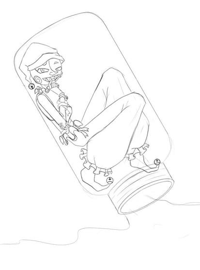 Work in progress illustration of animatronic moon from FNAF security breach inside of a bottle. It's still in sketch, so there isn't much details yet.