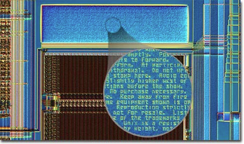 Photomicrograph of a Hewlett-Packard ASPEN IC, showing an extremely long but extremely tiny disclaimer.