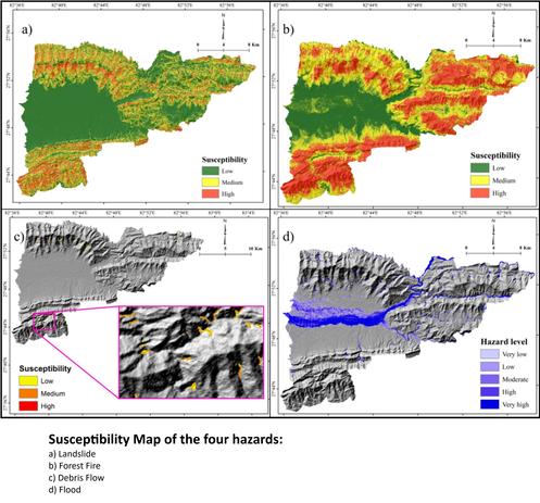 maps - Susceptibility Maps of the four hazards, a) Landslide; b) Forest Fire; c) Debris Flow; d) Flood.
