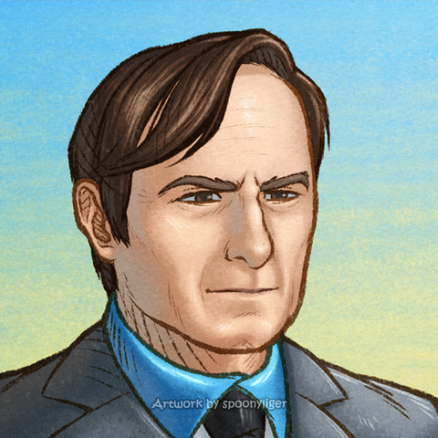 Digitally handmade profile artwork of Saul Goodman facing forward towards the right side of the image at a 3/4 angle with a stoic facial expression, on a blue-to-yellow gradient background.