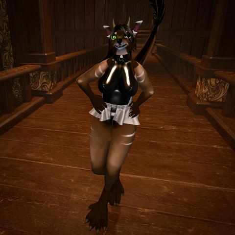 Furry Woman in a latex bodysuit in a wooden, secret chamber.