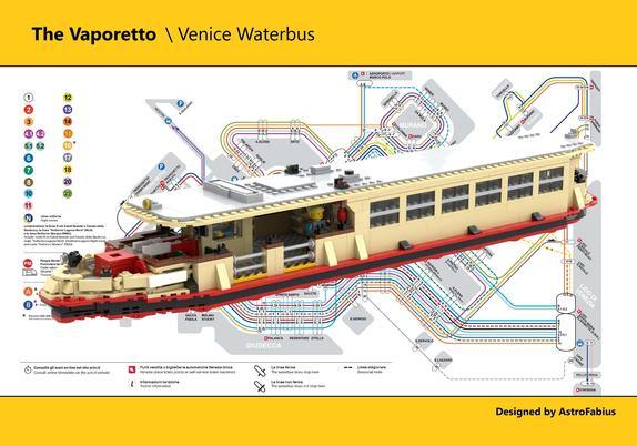 photo/ schematic - LEGO vaporetto (water bus), Venice, Italy over schematic route map