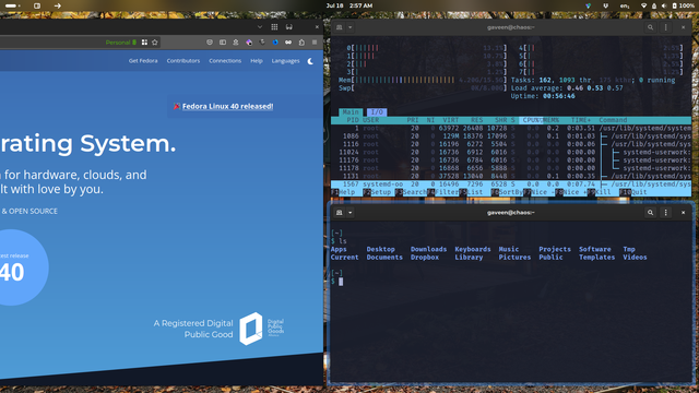 A screenshot of a GNOME desktop environment on Fedora 40 showing a top bar and three applications in a tiled arrangement. Left side partially shows a Firefox window with Fedora Project website and the right side shows two terminals, one over the other. Top right terminal is running 'htop' and the bottom right terminal is showing a directory listing. Terminals are dark but translucent.