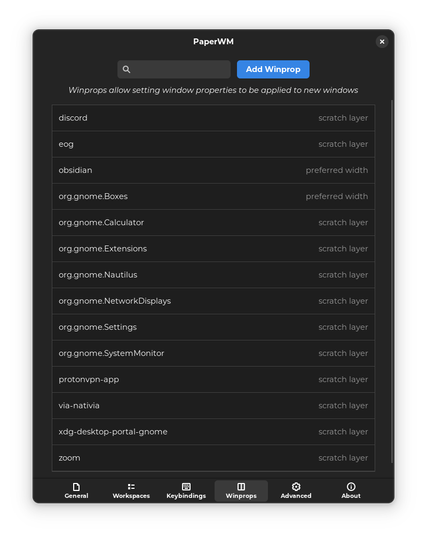 PaperWM settings dialog window at a tab named "Winprops" showing configuration customizations for a list of software applications on a Linux desktop system which are meant as exceptions to the default tiling behaviour.