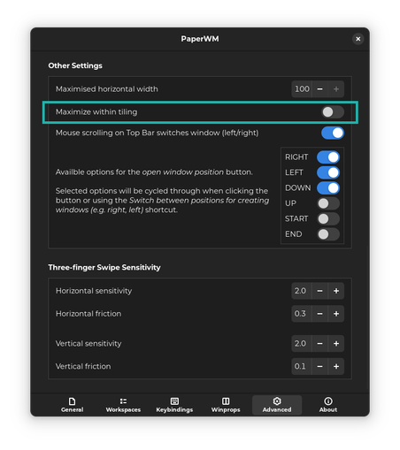 PaperWM settings dialog window at a tab named "Advanced" showing configuration options with an entry showing "Maximize within tiling" disabled with a toggle button, highlighted as a edit of the screenshot.