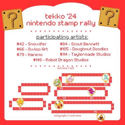 Artist alley map with different locations marked with the artists in the stamp rally
