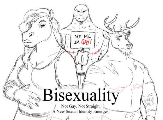 A shitpost drawing of my wrestler OCs with "Bisexuality..not gay. Not Straight. A New Sexual Identity emerges." as the headline.

Stella Stomphauser (a trans woman horse) on the left, Tyrus Titan (a trans man deer) on the right and Ray Maximus (a trans man leopard seal) in the middle behind them, holding a sign that saids "Not me. I'm gay!"