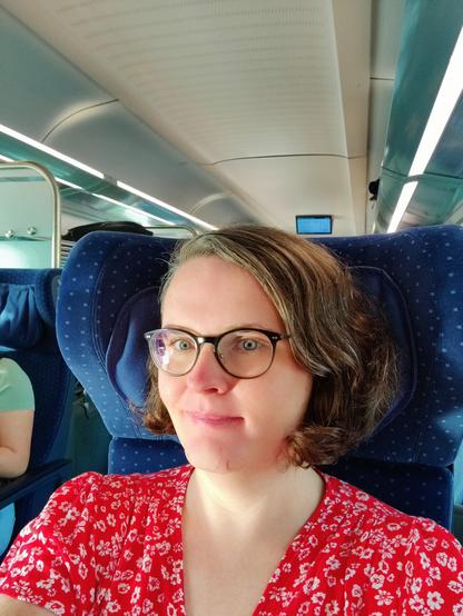 A selfie of trans girl with short brown hair and glasses, wearing a red floral dress, sitting in train seat