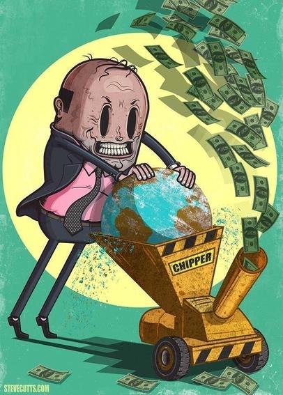 Caricature of a man in a suit with a stressed look and no eyes, shredding the world into banknotes. Source: Steve Cutts (stevecutts.com)