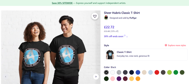 Screenshot. Shop page for the "Sheer Hubris Classic T-shirt" by Fluffgar.