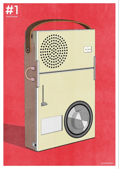An illustration of a Braun portable radio. Text around the illustration reads' Good Design is innovative”.