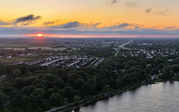 Drone view of sunrise over the Ottawa River