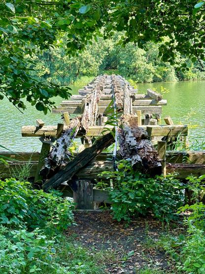Alte, verfallene Holzbrücke über einen See