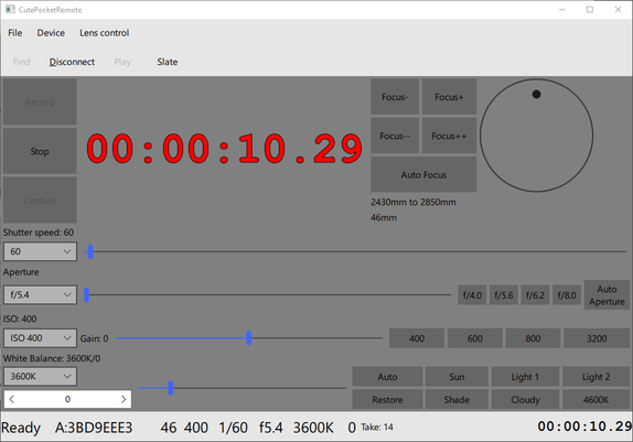The main view of CutePocketRemote, camera is recording (running time is red). There are settings for shutter speed, ISO, White Balance and Aperture. Buttons for recording and for adjusting focus.