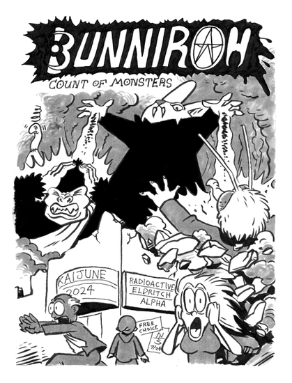 cartoony drawing entitled "Bunnirah, Count of Monsters," showing a giant radioactive vampire bunny terrorizing a city and clobbering some other monsters
