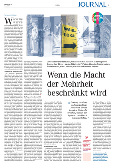 Die Furche 29, S 5: "Wenn die Macht der Mehrheit beschränkt wird"