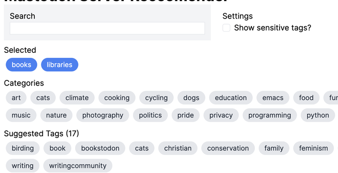 A screenshot of an interface for a Mastodon server recommender