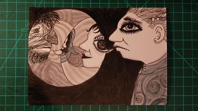 Black and grey drawing of a unhappy person with dramatic eye makeup in profile, saying a speech bubble, that contains a number of other people in profile, each with a nested speech bubble saying another person.