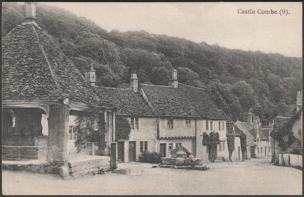 Printed monochrome postcard showing a view of Market Place at Castle Combe in Wiltshire.
Published by Tomkins & Barrett, Swindon, The Famous Series, No 9, printed in Belgium.
Postally used on 10 September 1910 with single circle Castle Combe - Chippenham cancellation on green halfpenny stamp and sent to Camden Town, London.
Very good condition, with extremely slight corner bumps.