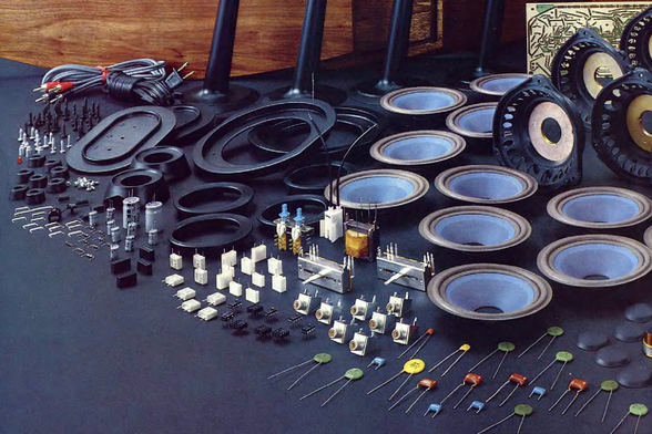 1980 

This image depicts a variety of electronic components, possibly for a speaker or some other audio equipment.
The parts are scattered and appear to be taken from multiple sources, indicating they might be part of a DIY electronics project or salvaged from different devices.
There are no visible texts on the image that provide additional context.
Tags: Electronic Components, Speaker Parts, Audio Equipment, DIY Electronics