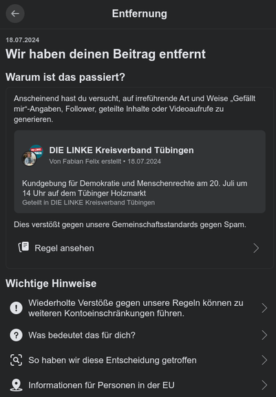 Facebook entfernt den Beitrag