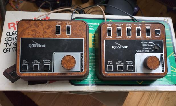 Ricochet Electronic Color TV Game Center. Rolls right off the tongue. I like that this one has separate controls, so you both don't have to huddle over one unit.