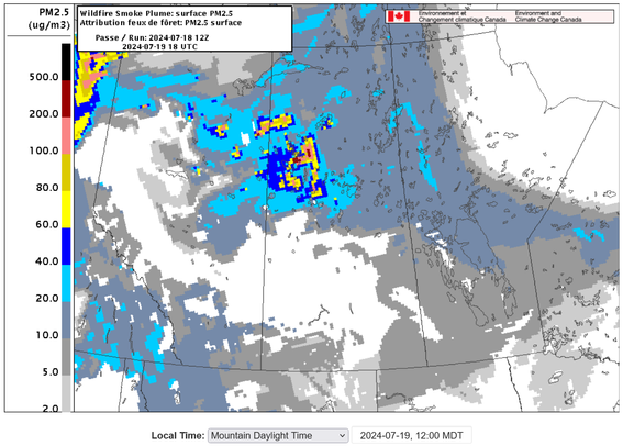 Map of the Canadian prairies with regions of colour representing PM2.5 levels from wildfire smoke plumes. Model Run 2024-07-18 12Z; forecast for 2024-07-19 18UTC (aka noon Mountain Daylight Time). The most intense smoke is coming from fires in northeast BC, blowing east to blend with more sources in northeast Alberta & northwest Saskatchewan, before getting pushed south by a clear air mass over Hudson Bay. But there are also clouds blowing in all along the Rocky mountains and spreading east along the American border, with only a few 100km of clear air over the prairies between the two smoke masses. Clear air that no longer includes the Edmonton area, in this forecast.