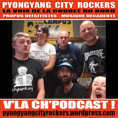 Eul flyer du podcast du #347 de Pyongyang City Rockers. Photo de 6 rigolos prise an fond du studio du Radio Campus Lille.