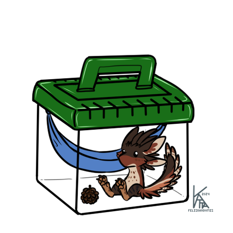digital art of a green lidded terrarium with a small brown avali sitting in it, along with a blue hammock and a pinecone.