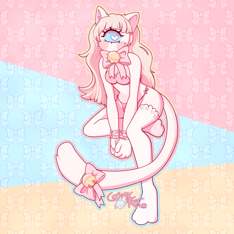 A drawing of an anthropomorphized cat creature with one eye. They are wearing a lingerie like outfit. It's a frilly bikini like top and bottom that is tied on with bows, wrist cuffs with ruffles on it, and two giant pink bows with a cat bell, one on the tail and one worn as a collar. They're also wearing thigh high socks with little heart cutouts. They have long very pale strawberry blonde hair that's a little messy with straight bangs.
