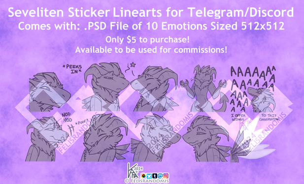 Promo piece of a set of buyable telegram/discord sticker linearts of the Seveliten species.