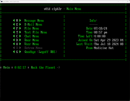 ANSI Main Menu for v01d c1pher BBS