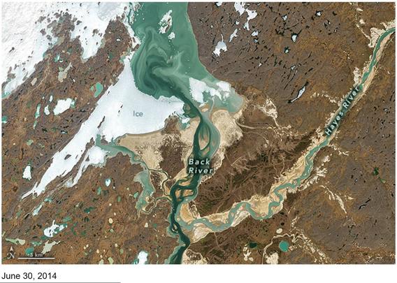 annotated Landsat8 image - confluence of the Back and Hayes rivers in Nunavut, Canada
